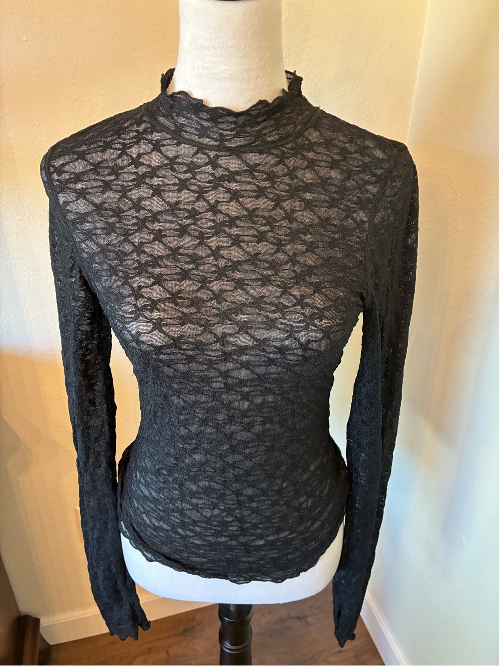 Free People Black Sheer Lace Long-Sleeve Mock Neck Top